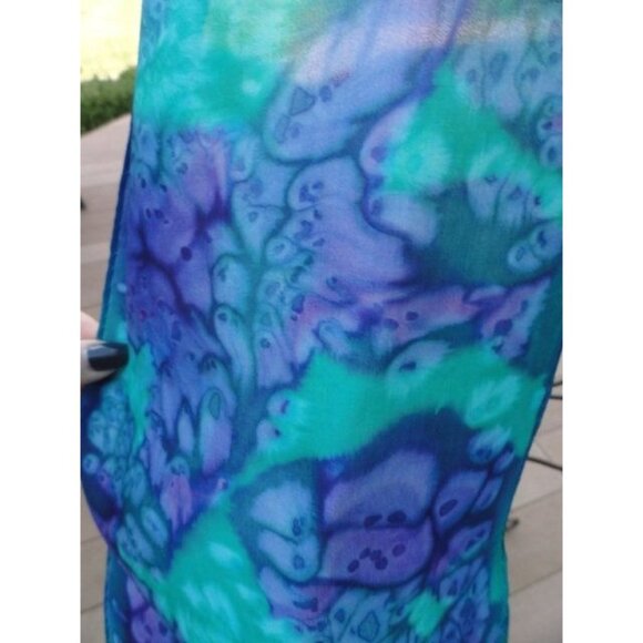 Vintage 1960's Scarf Blue Green Tie Dyed All Silk Handmade Hand Rolled Edges 56" - Picture 2 of 9